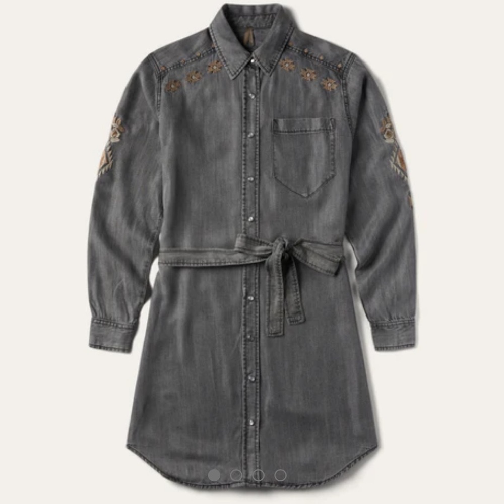 NWT Stetson EMBROIDERED SNAP FRONT SHIRT DRESS Gray Tan Brown Size Large Western